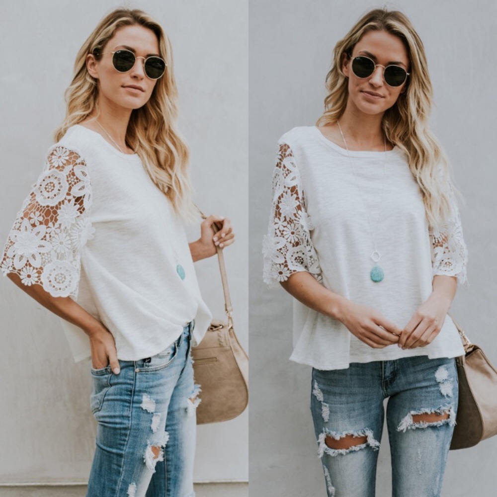 White Crochet bell sleeve top - Picture 2 of 4